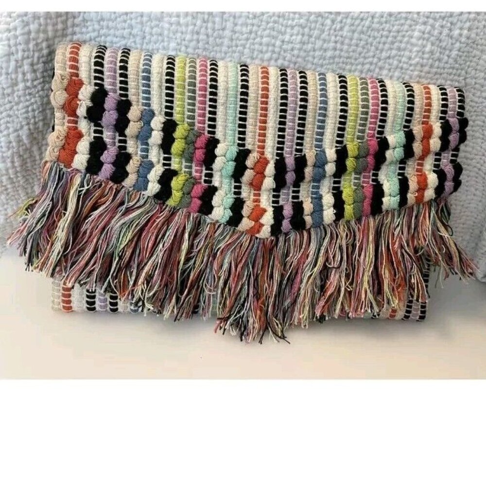 Stella & Dot Taj Clutch Boho Chic Fringe Rug Satchel Wallet Purse Rainbow